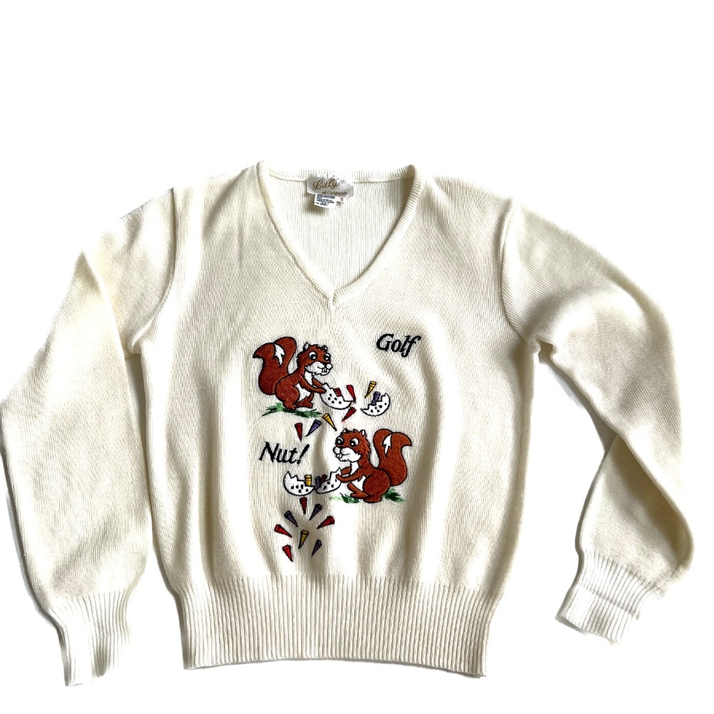 Vintage Lilly of California Sweater Golf Nut 2 Squirrels Size S Cream Funny